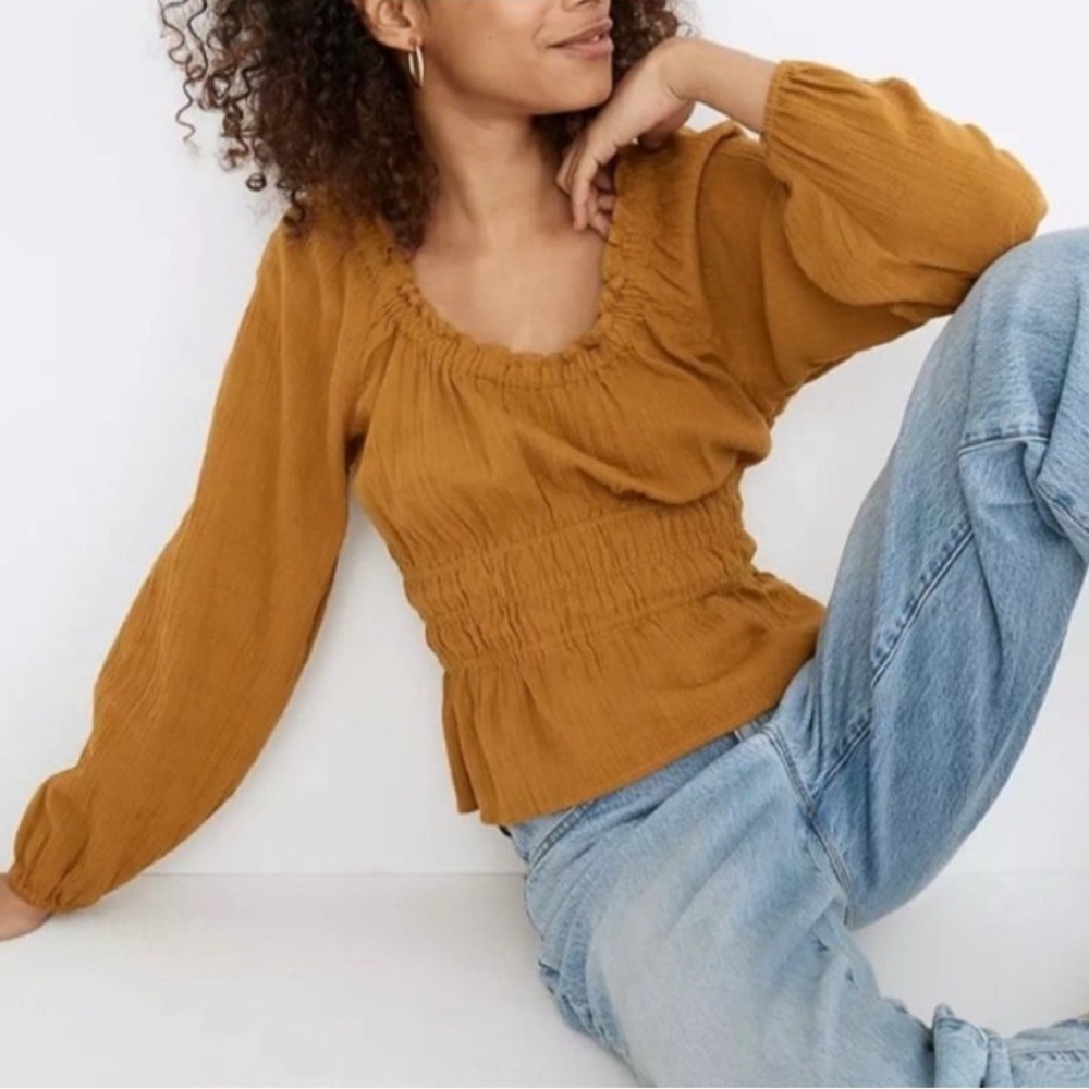 Madewell Sophia Textured Plaid Top Mustard Gold Size Medium